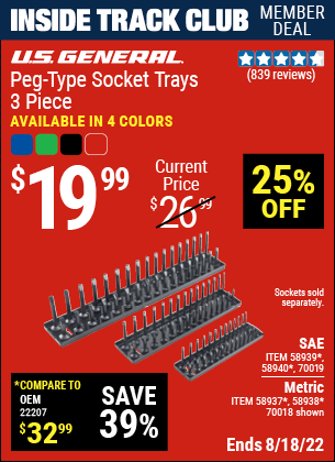 Inside Track Club members can buy the U.S. GENERAL Peg-Type Socket Tray 3 Pc. (Item 70018/58937/58938/58939/58940/70019) for $19.99, valid through 8/18/2022.