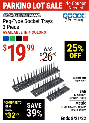 Buy the U.S. GENERAL Peg-Type Socket Tray 3 Pc. (Item 70018/58937/58938/58939/58940/70019) for $19.99, valid through 8/21/2022.