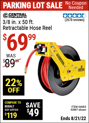 Buy the CENTRAL PNEUMATIC 3/8 In. X 50 Ft. Retractable Hose Reel (Item 93897/64685) for $69.99, valid through 8/21/2022.