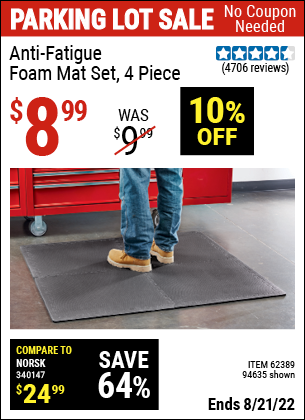 Buy the HFT Anti-Fatigue Foam Mat Set 4 Pc. (Item 94635/62389) for $8.99, valid through 8/21/2022.