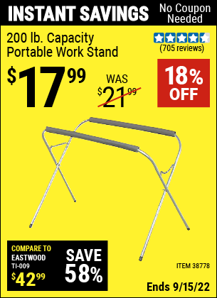 Buy the 200 Lb. Capacity Portable Work Stand (Item 38778) for $17.99, valid through 9/15/2022.