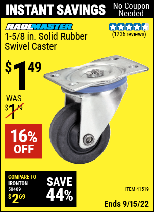 Buy the CENTRAL MACHINERY 1-5/8 in. Rubber Light Duty Swivel Caster (Item 41519) for $1.49, valid through 9/15/2022.