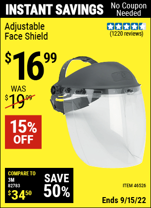 Buy the SAS SAFETY CORP Adjustable Face Shield (Item 46526) for $16.99, valid through 9/15/2022.