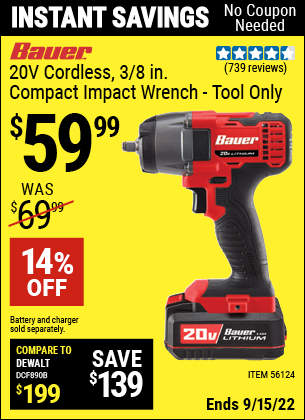 Buy the BAUER 20V Hypermax Lithium 3/8 in. Compact Impact Wrench (Item 56124) for $59.99, valid through 9/15/2022.