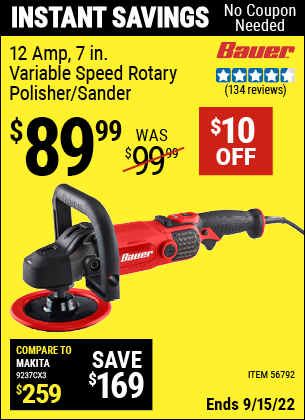 Buy the BAUER Corded 7 in. 12 Amp Variable Speed Rotary Polisher/Sander (Item 56792) for $89.99, valid through 9/15/2022.