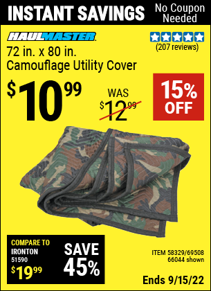 Buy the FRANKLIN 72 in. x 80 in. Camouflage Utility Cover (Item 58329/66044/69508) for $10.99, valid through 9/15/2022.