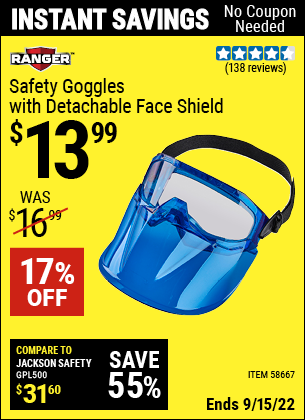 Buy the RANGER Detachable Goggle Face Shield (Item 58667) for $13.99, valid through 9/15/2022.