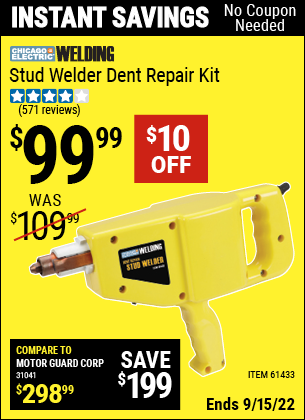 Buy the CHICAGO ELECTRIC Stud Welder Dent Repair Kit (Item 61433) for $99.99, valid through 9/15/2022.