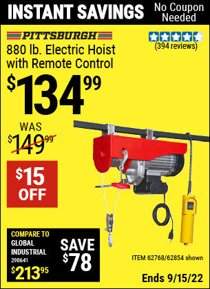 Buy the PITTSBURGH AUTOMOTIVE 880 lb. Electric Hoist with Remote Control (Item 62854/62768) for $134.99, valid through 9/15/2022.