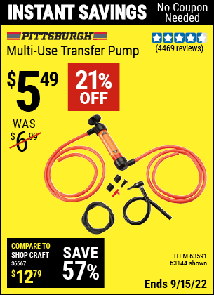 Buy the PITTSBURGH AUTOMOTIVE Multi-Use Transfer Pump (Item 63144/63591) for $5.49, valid through 9/15/2022.