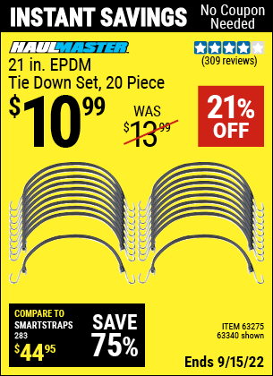 Buy the HAUL-MASTER 21 in. Heavy Duty EPDM Tie Down Set 20 Pc. (Item 63340/63275) for $10.99, valid through 9/15/2022.