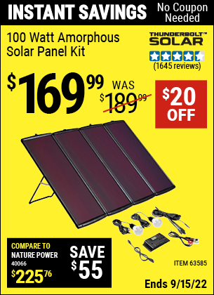 Buy the THUNDERBOLT MAGNUM SOLAR 100 Watt Solar Panel Kit (Item 63585) for $169.99, valid through 9/15/2022.