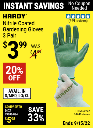 Buy the HARDY Nitrile Coated Gardening Gloves Small/Medium 3 Pr. (Item 64246/64247) for $3.99, valid through 9/15/2022.