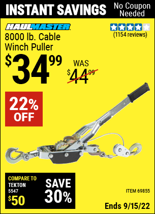 Buy the HAUL-MASTER 8000 Lbs. Cable Winch Puller (Item 69855) for $34.99, valid through 9/15/2022.