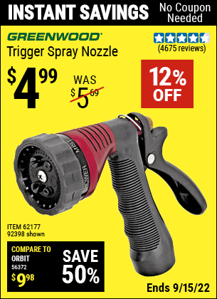 Buy the GREENWOOD Trigger Spray Nozzle (Item 92398/62177) for $4.99, valid through 9/15/2022.