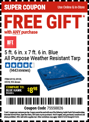 Buy the HFT 5 ft. 6 in. x 7 ft. 6 in. Blue All Purpose/Weather Resistant Tarp for FREE, valid through 8/14/2022.