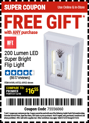 Buy the 200 Lumen LED Super Bright Flip Light for FREE, valid through 8/14/2022.