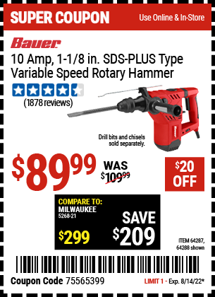Buy the BAUER 1-1/8 in. SDS Variable Speed Pro Rotary Hammer Kit (Item 64288/64287) for $89.99, valid through 8/14/2022.