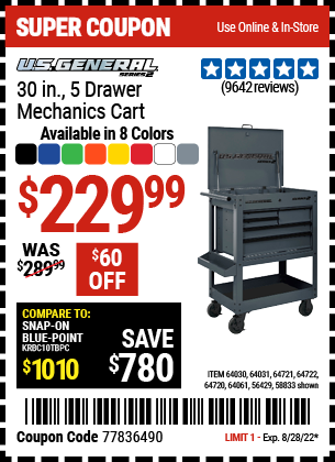 U.S. GENERAL Series 2 30 In. 5 Drawer Mechanic’s Cart for $229.99 ...