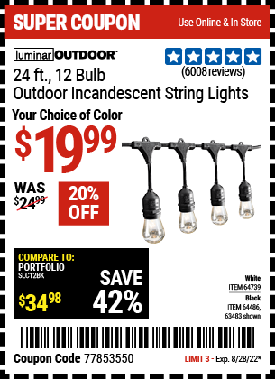 Harbor Freight - Looking to brighten up your outdoor space? Get enchanting,  warm, incandescent lighting for your events and parties with our Luminar  Outdoor 24 Ft. 12 Bulb Outdoor String Lights. Available