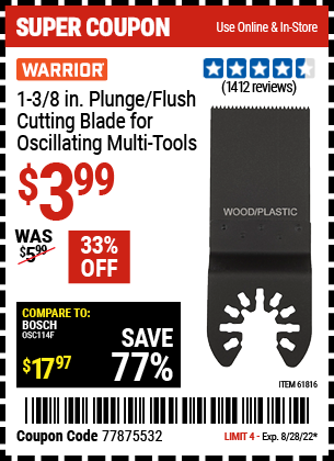 WARRIOR 1-3/8 in. High Carbon Steel Multi-Tool Plunge Blade for $3.99 –  Harbor Freight Coupons
