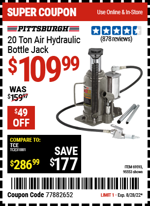 Buy the PITTSBURGH AUTOMOTIVE 20 ton Air Hydraulic Bottle Jack (Item 95553/69593) for $109.99, valid through 8/28/2022.