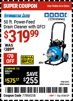 Buy the PACIFIC HYDROSTAR 50 Ft. Commercial Power-Feed Drain Cleaner with GFCI (Item 68284/61857) for $319.99, valid through 8/28/2022.