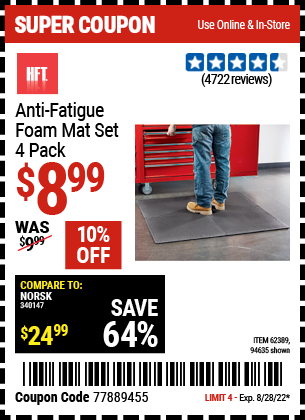 Buy the HFT Anti-Fatigue Foam Mat Set 4 Pc. (Item 94635/62389) for $8.99, valid through 8/28/2022.