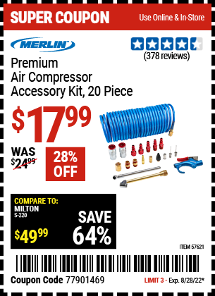 MERLIN Premium Air Compressor Accessory Kit, 20 Pc. for $17.99 – Harbor ...