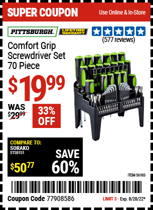 PITTSBURGH Comfort Grip Screwdriver Set 70 Pc. for $19.99 – Harbor ...