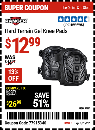 Buy the RANGER Hard Terrain Gel Knee Pads (Item 57915) for $12.99, valid through 8/28/2022.