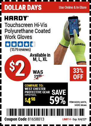 Buy the HARDY Touchscreen Hi-Vis Polyurethane Coated Work Gloves Large (Item 64242/64243/64474) for $2, valid through 9/4/2022.