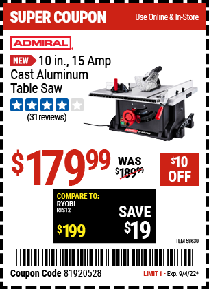 ADMIRAL 10 in. 15 Amp Cast Aluminum Table Saw for $179.99 – Harbor
