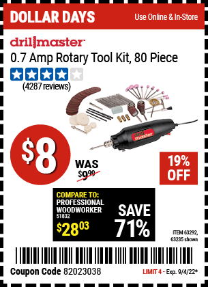 Buy the DRILL MASTER Rotary Tool Kit 80 Pc. (Item 63235/63292) for $8, valid through 9/4/2022.