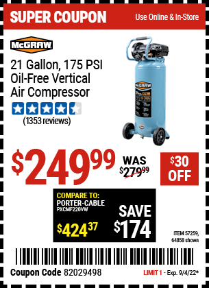 Harbor freight 60 gallon store air compressor coupon