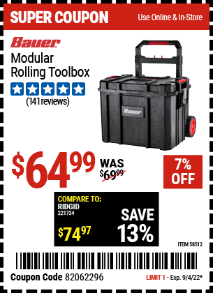 Buy the BAUER Modular Rolling Tool Box (Item 58512) for $64.99, valid through 9/4/2022.