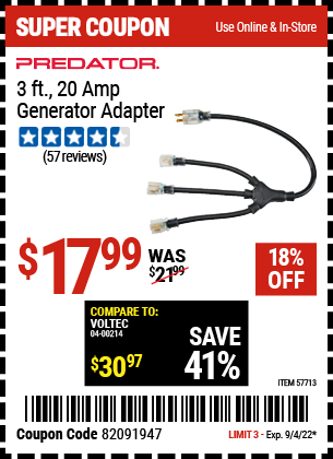 Buy the PREDATOR 3 ft. 20 Amp Generator Adapter (Item 57713) for $17.99, valid through 9/4/2022.