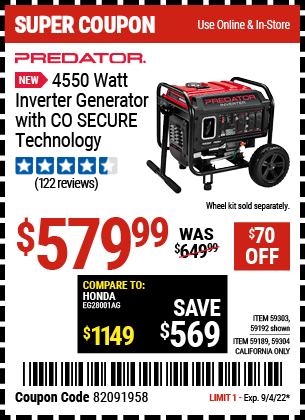 PREDATOR 4550 Watt Inverter Generator with CO SECURE Technology for $579.99