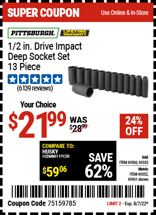 Buy the PITTSBURGH 1/2 in. Drive Metric Impact Deep Socket Set 13 Pc. (Item 69561/69332/69560/69333) for $21.99, valid through 8/7/2022.