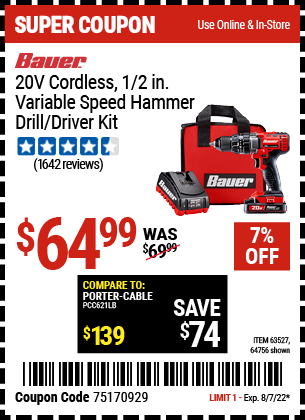 Buy the BAUER 20V Hypermax Lithium 1/2 in. Hammer Drill Kit (Item 64756/63527) for $64.99, valid through 8/7/2022.