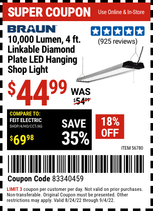 Buy the BRAUN 10,000 Lumen 4 Ft. Linkable Diamond Plate LED Hanging Shop Light (Item 56780) for $44.99, valid through 9/4/2022.