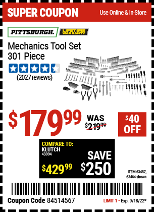 PITTSBURGH 301 Pc Mechanic’s Tool Set for $179.99 – Harbor Freight Coupons