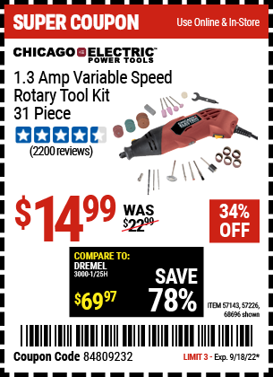 Buy the CHICAGO ELECTRIC Heavy Duty Variable Speed Rotary Tool Kit 31 Pc. (Item 68696/57143/57226) for $14.99, valid through 9/18/2022.