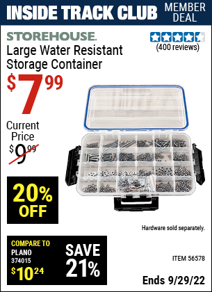 Inside Track Club members can buy the STOREHOUSE Large Organizer IP55 Rated (Item 56578) for $7.99, valid through 9/29/2022.