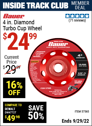 Inside Track Club members can buy the BAUER 4 In. Diamond Turbo Cup Wheel (Item 57565) for $24.99, valid through 9/29/2022.