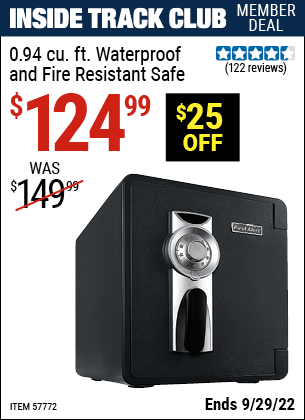 Inside Track Club members can buy the FIRST ALERT 0.94 Cu. Ft. Waterproof And Fire Resistant Safe (Item 57772) for $124.99, valid through 9/29/2022.