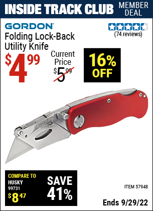 Inside Track Club members can buy the GORDON Lock-Back Utility Knife (Item 57948) for $4.99, valid through 9/29/2022.