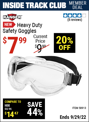 Inside Track Club members can buy the RANGER Heavy Duty Safety Goggles (Item 58913) for $7.99, valid through 9/29/2022.