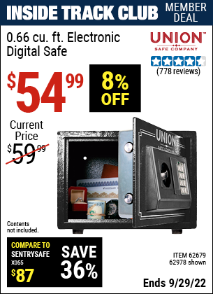 Inside Track Club members can buy the UNION SAFE COMPANY 0.71 cu. ft. Electronic Digital Safe (Item 62978) for $54.99, valid through 9/29/2022.