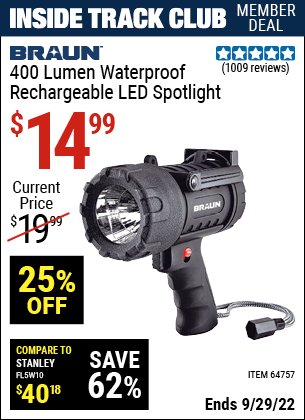 Inside Track Club members can buy the BRAUN 400 Lumen Waterproof Rechargeable LED Spotlight (Item 64757) for $14.99, valid through 9/29/2022.